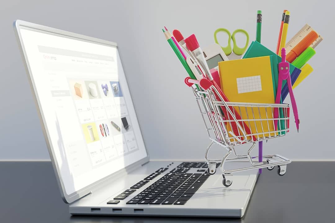 School supplies and stationery for sale in an online shopping website's cart from a laptop.
